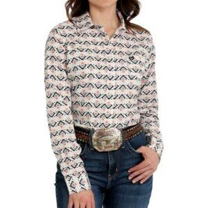 Cinch Women's Arenaflex Long Sleeve Aztec Geo Print Button Shirt White MSW916303